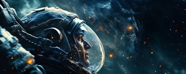 Wall Mural - portrait of astronaut walking in space exploring universe planets and space life, banner. generative