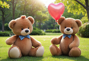 Two Teddy Bears with a Heart Balloon in the Park