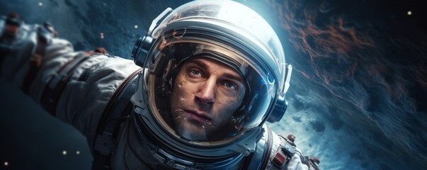 Wall Mural - portrait of astronaut walking in space exploring universe planets and space life, banner. generative