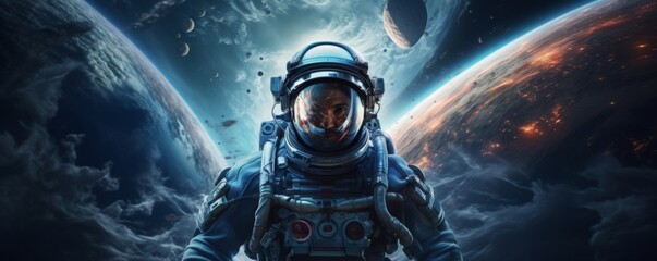 Wall Mural - portrait of astronaut walking in space exploring universe planets and space life, banner. generative