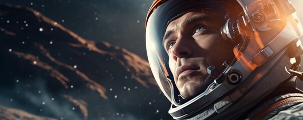 Wall Mural - portrait of astronaut walking in space exploring universe planets and space life, banner. generative