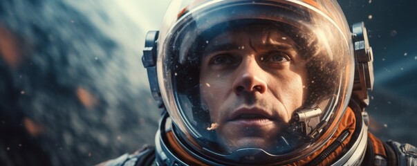 Wall Mural - portrait of astronaut walking in space exploring universe planets and space life, banner. generative
