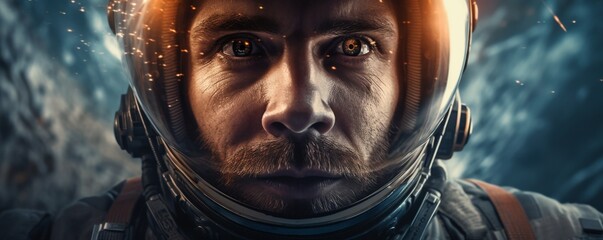 Wall Mural - portrait of astronaut walking in space exploring universe planets and space life, banner. generative