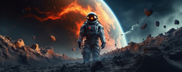 Wall Mural - astronaut walking in space exploring universe planets and space life, banner. generative ai.
