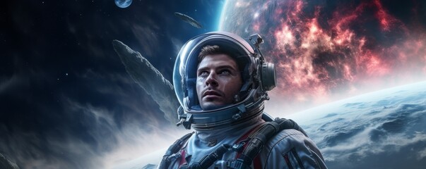 Wall Mural - portrait of astronaut walking in space exploring universe planets and space life, banner. generative