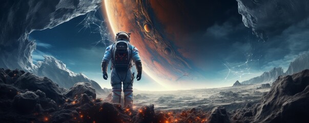 Astronaut walking in space exploring universe planets and space life, banner. Generative Ai.