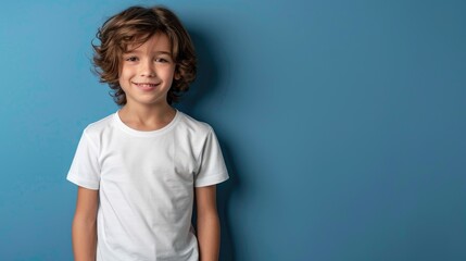 male child boy wearing bella canvas white shirt mockup at blue background design tshirt template print presentation mock up