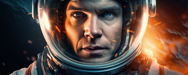 Wall Mural - portrait of astronaut walking in space exploring universe planets and space life, banner. generative