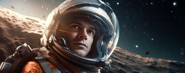 Wall Mural - portrait of astronaut walking in space exploring universe planets and space life, banner. generative