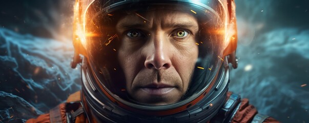 Wall Mural - portrait of astronaut walking in space exploring universe planets and space life, banner. generative