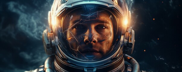 Portrait of astronaut walking in space exploring universe planets and space life, banner. Generative Ai.