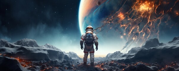 Wall Mural - astronaut walking in space exploring universe planets and space life, banner. generative ai.