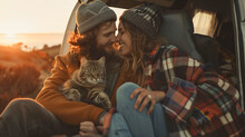 Couple Going Camping With Pet Travel By Van With Beautiful Sunset .