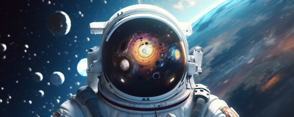 Wall Mural - astronaut walking in space exploring universe planets and space life, banner. generative ai.