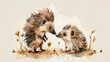 Charming watercolor artwork showcasing an endearing scene with a affectionate mother hedgehog and her adorable offspring