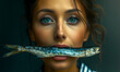 Bizarre portrait of woman holding a sardine between lips in her mouth