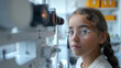 Small girl with glasses is at oculist examination. Eyes care concept. Selective focus. Copy space 