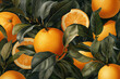 Fruit pattern. Orange and leaves as colourful background. Selective focus. Copy space 