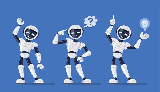 Set of robotic chat bots in different poses. Cute smiling robot chat bot raised his hand in greeting. The robot thought about it and found a solution. Vector illustration isolated on blue background.