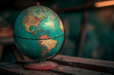 Antique-looking globe with a focus on the Americas, resting on a wooden surface with a vintage ambiance