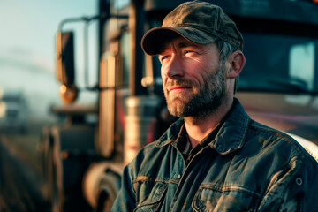 Portrait of an old American truck driver. Driver in a plaid shirt and baseball cap