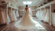Die letzte Anprobe: Eine Braut im atemberaubenden Hochzeitskleid steht vor dem Spiegel in einem Brautmodengeschäft