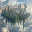 A futuristic city floating among the clouds with towering skyscrapers and lush green parks suspended in the sky as the world below watches in awe