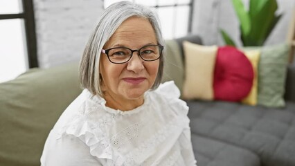 Wall Mural - Smiling senior woman with glasses and white blouse sitting in a modern living room.