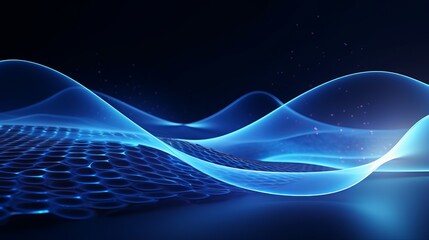 Wall Mural - An abstract digital wave in blue circular shape forms the background, representing a futuristic point wave and big data in a 3D rendering.