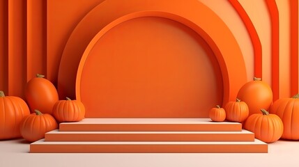 Wall Mural - An orange podium and minimal abstract background are designed for Halloween, featuring 3D-rendered geometric shapes and serving as a stage for awards on websites with a modern aesthetic.