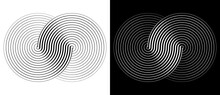 Two Circles In A Spiral Or Infinity Symbol. Art Lines Illustration As Logo Or Tattoo, Icon. Black Shape On A White Background And The Same White Shape On The Black Side.