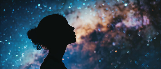 Wall Mural - a shadowy figure of female against the backdrop of a massive, galaxy in space