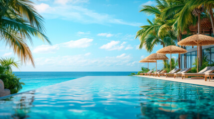 Wall Mural - Hotel with a swimming pool going into the sea, sun loungers with straw umbrellas, Palm tree on a tropical beach with blue sky and white clouds abstract background, banner with Copy space