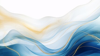 Wall Mural - Modern abstract golden lines intertwine with a blue watercolor background, creating an artistic and visually striking art pattern.