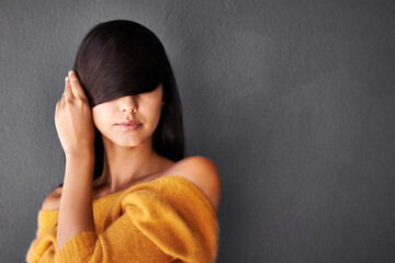 Canvas Print - Mockup space, woman and hair in studio beauty, cosmetics and haircare for elegance and confidence. Female person or model, makeup and positive or proud on gray background, style routine for treatment