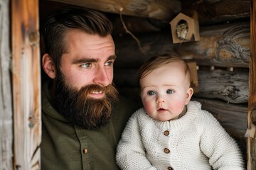 A man and a baby are sitting in a small wooden cabin