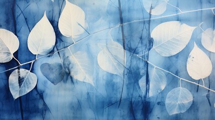 Wall Mural - The sun-printing or cyanotype process produces a striking image of a skeleton leaf, showcasing intricate details in shades of blue.