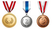 Medalhas de ouro, prata e bronze. Medalhas primeiro, segundo e terceiro lugar 