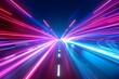 Internet. futuristic highway in city at night with bright blue and purple neon light background, high speed technology line with dynamic light effect, internet network concept