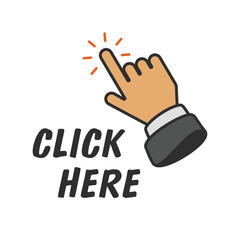 Fototapete - Click here button with hand pointer clicking. Vector click web sign cursor symbol. Illustration in flat style. EPS 10.