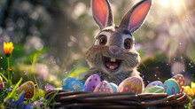 Realistic cute and happy Easter bunny inside a basket full of eggs in spring time