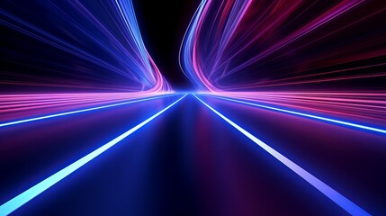 Wall Mural - A 3D render presents abstract futuristic neon background with glowing ascending lines, resembling light trails on a road at night. It offers a fantastic wallpaper option.