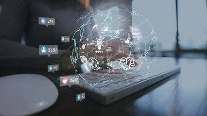 Businesswoman uses computer analyze SEO Search Engine optimization, advertising, communication, digital, business, marketing, technology, digital marketing, online, , goals,ads, website, social media,