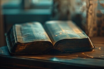 Wall Mural - Open Book on Wooden Table