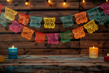 a wooden background of a mexican themed table with colorful banners and candles Generative AI