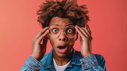 Wall Mural - young man with curly hair is holding his round glasses and looking at the camera with a surprised and somewhat confused expression on a coral background.