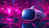 Fototapeta Przestrzenne - Virtual reality headset on a colorful background. Virtual reality goggles. VR headset. Neon lights