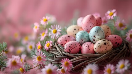 Wall Mural - Colourful Easter eggs in a nest, surrounded by daisies and on a pale pink background