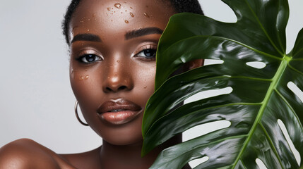 Canvas Print - close-up of a young woman with wet skin, holding a green leaf close to her face, which partially covers it,