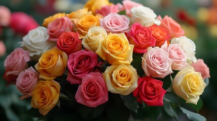 Beautiful bouquet of colorful roses, closeup view